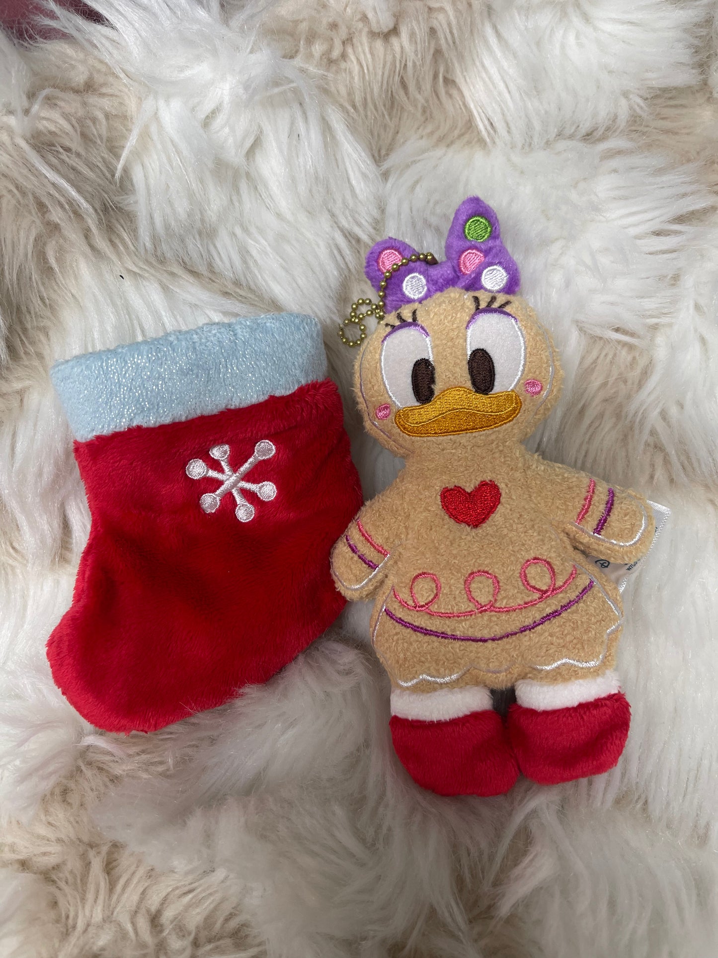 Preowned Tokyo Disney daisy suck gingerbread Christmas keychain badge and stocking